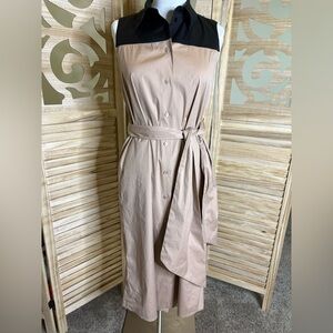 PAULE KA Beige Midi Shirt Dress with Black Yoke and Tie Belt Size US 4